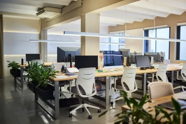 Office workspace with neutral wall color and white ceiling by a commercial painter in Marin County, CA.