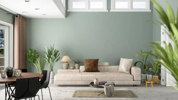 Living room with soft sage green wall paint and crisp white window trim by an interior painter in Novato, CA.