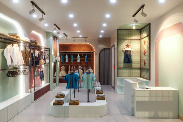 Retail store interior with soft green and peach wall colors and smooth painted finishes by an interior painter in Marin County, CA.