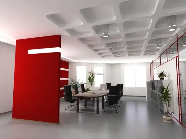 Office with bold red accent walls and smooth white, gray finishes by an interior painter in Corte Madera, CA