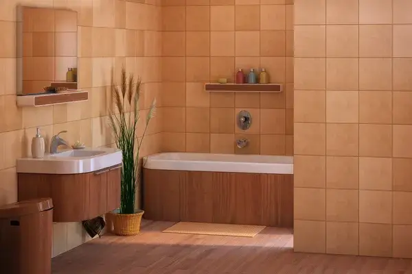 Bathroom interior with terracotta-colored tile and earthy brown finishes by a painting company in Novato, CA