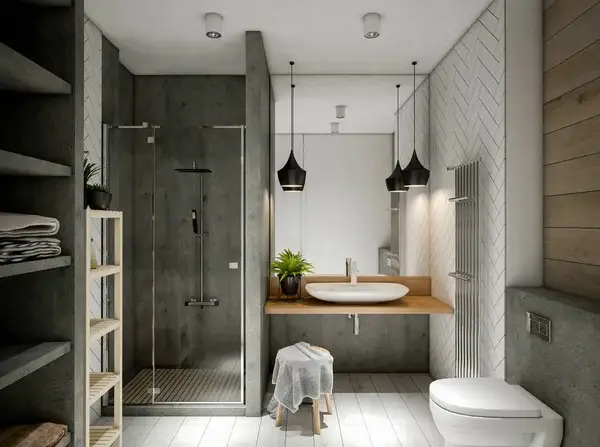 Bathroom interior with white walls and gray concrete-look finishes by a painting company in Novato, CA